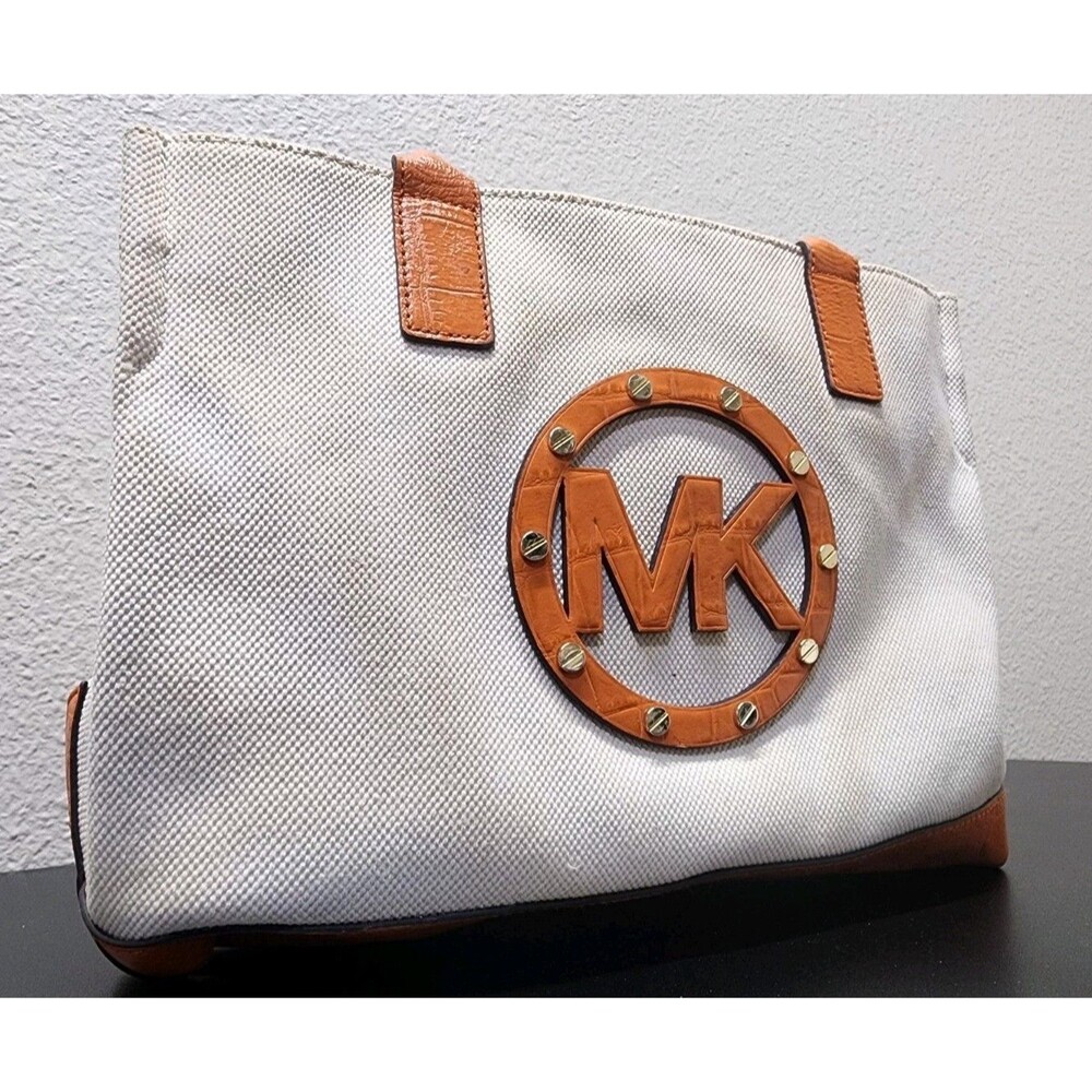Rare Michael Kors Sutter Canvas Ecru Palms Large Tote Beige/Orange Leather Trim